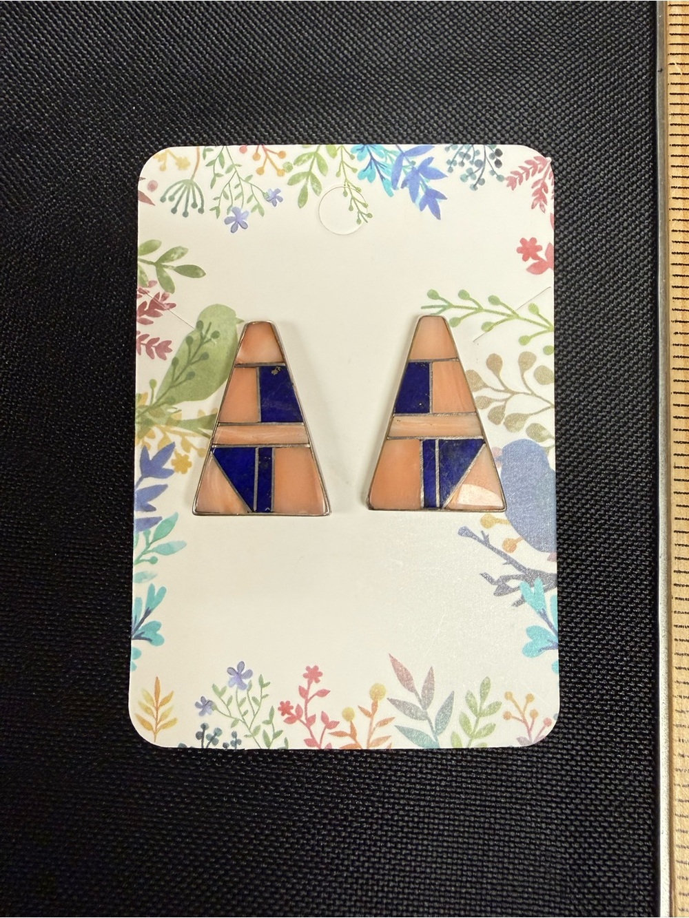 Calvin Begay & Loraine Long Peach Shell & Lapis Geometric Triangle Earrings